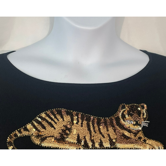 Sweater Works Sz XL Pullover Sweater Top Sequin Tiger Applique Black Slinky Knit - Picture 4 of 9